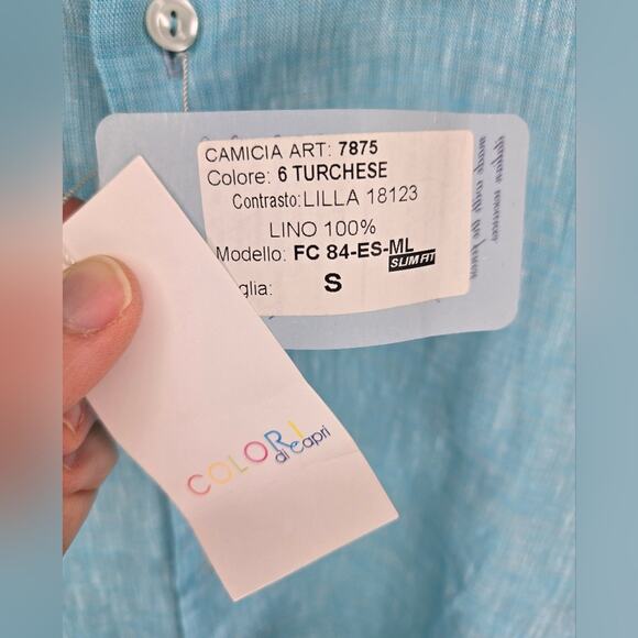 COLORI de Capri Collared Turquoise Button Up Slimfit Longsleeve Linen Small - Picture 6 of 7